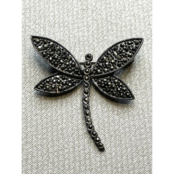 Vintage Dragonfly Brooch Pin 925 Marcasite Signed CFJ - Picture 1 of 9